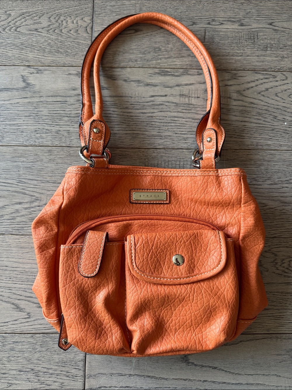 Strada Orange Textured Faux Leather Shoulder Bag with Front Pockets